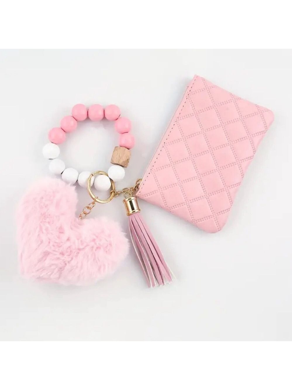 New Chic Pink Quilted Cardholder with Heart Keychain